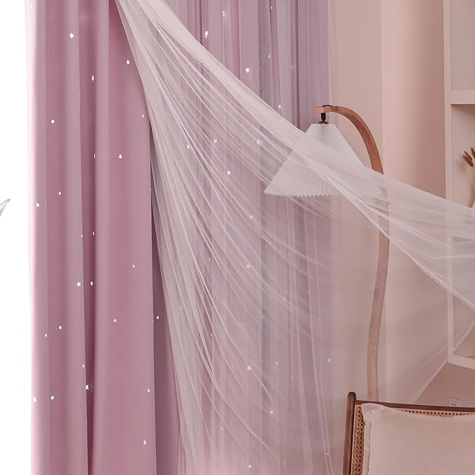 Kinryb Princess Curtains for Girls Bedroom with Sheer Overlay,Double Layer Curtain for Living Room with Star Cutout, Curtains for Kids Room (70 W*63 L Inches,2 Pcs Pink)