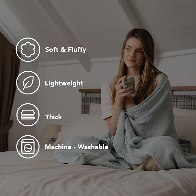 Goqan Muslin Blanket King Size 90x108 – 100% Cotton 4 Layer Boho Muslin Blanket for Adults, Lightweight, Soft, Breathable for Bed, Couch - Sage Green