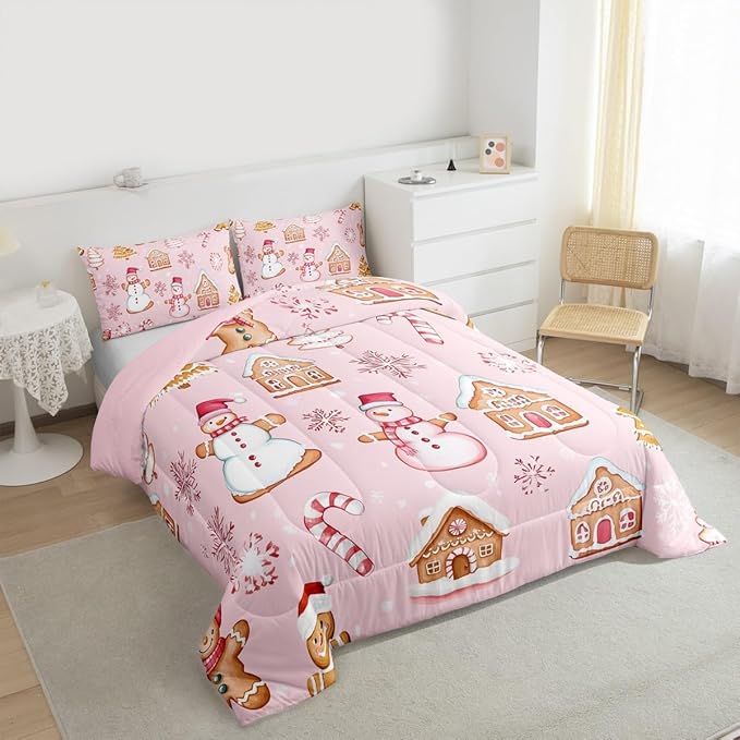 Feelyou Pink Christmas Kids Comforter Set King Size Snowman Bedding Set Gingerbread Man Duvet Quilt for Kids Boys Girls Bedroom Snowflake Candy Cane Decor Microfiber Ultra Soft Breathable