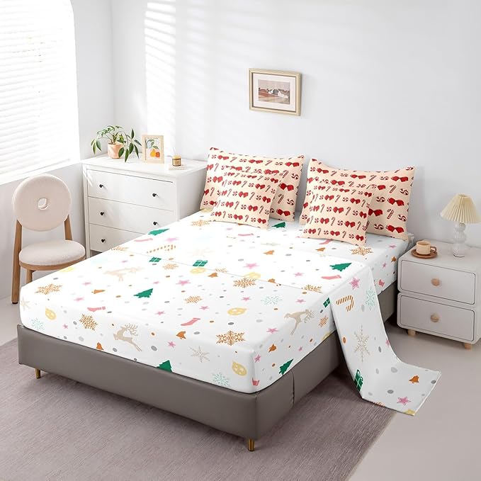 Feelyou Red Christmas Girly Comforter Set with Sheets Kids Christmas Bowknot Bedding Set Boys Girls Bow Candy Decor Bed in a Bag Xmas Theme Bed Set Bedroom King Size
