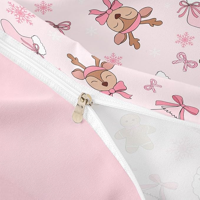 Feelyou Kids Pink Christmas Bedding Set Queen Size Merry Christmas Snowman Duvet Cover for Boys Girls Teens Bedroom Decor Santa Claus Comforter Cover Soft Microfiber Xmas Tree Deer with 2 Pillow Case