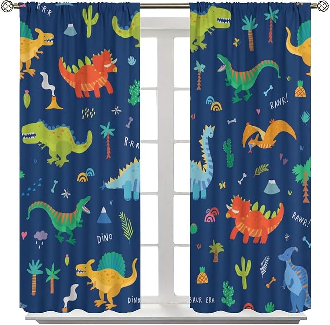 Funny Dinosaur Blackout Curtains Colorful Cartoon Animals Dino Tropical Plant Art Print for Kids Boys Bedroom Living Room Rod Pocket Decoration Window Drapes 2 Panels W42xL84in