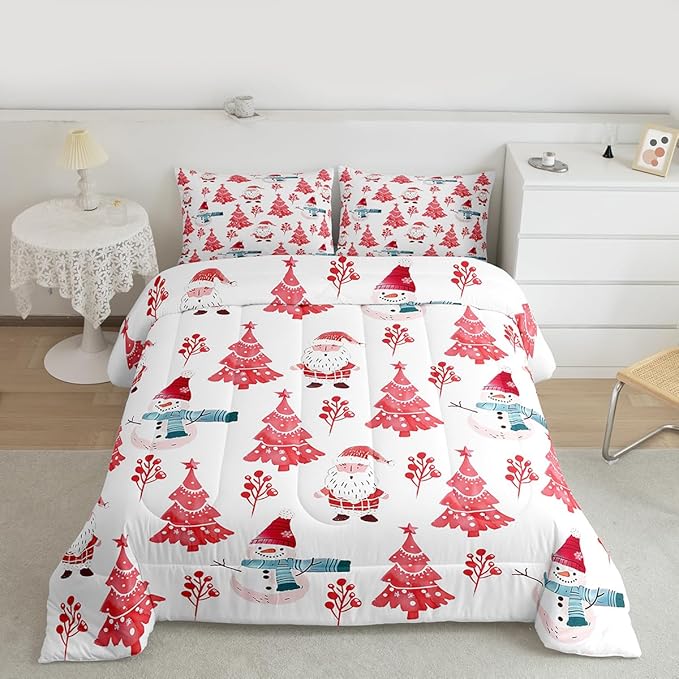 Feelyou Merry Christmas Comforter Set All Season Xmas Tree Snowman Bedding Set with 2 Pillow Cases Santa Claus Microfiber Kids Full Bedclothes Bedroom Decor Duvet Quilt Breathable Soft
