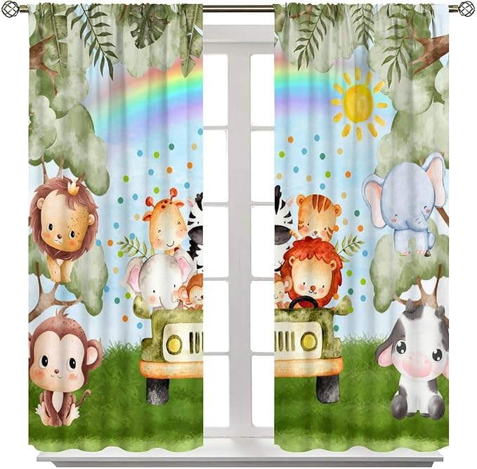 Woodland Kids Curtains Rustic Woodland Wild Animals Watercolor Forest Rainbow Sun Window Draeps for Baby Girls Boys Kids Nursery Bedroom Living Room 2 Panels, 72x63 Inch