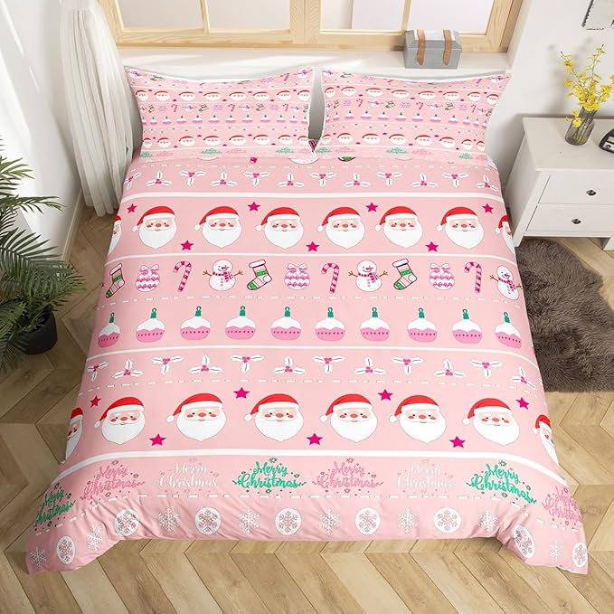 Feelyou Merry Christmas Decorative Pink Comforter Cover Queen Size Xmas Cartoon Santa Claus Snowmen Duvet Cover Winter New Year Bedding Set Gifts for Kids Boys Girls 2 Pillow Cases
