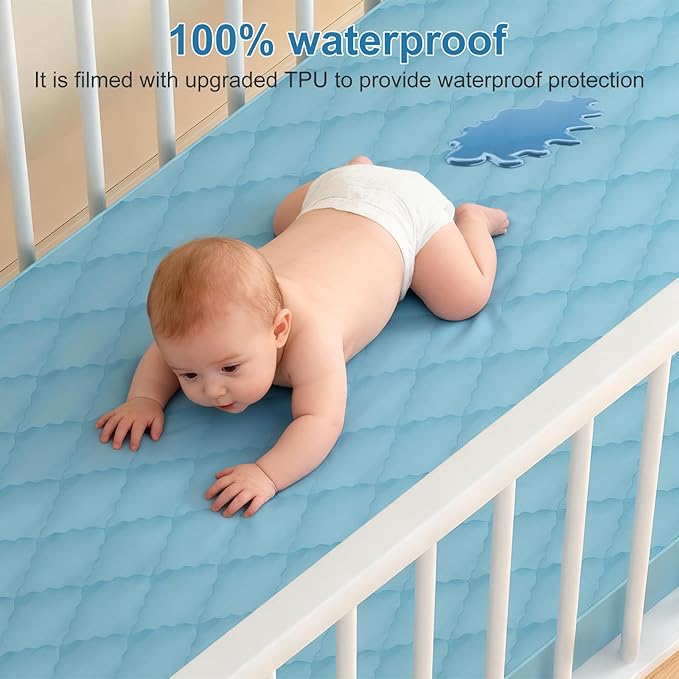 2Pack Waterproof Crib Sheets- Cotton 24X38 Fitted Crib Sheets Crib Mattress Protector Sheets,Soft Bed Sheets,Washable Little Bed Sheets (Blue, 24 * 38inch)