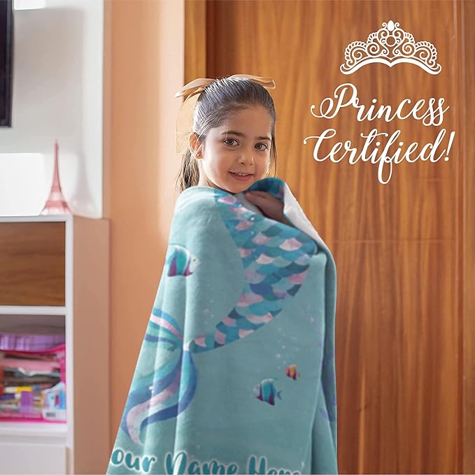 Personalized Mermaid Blanket for Girls | Kids Unicorn | Custom Plush Fuzzy Unicorns for Toddler | Customized Little Girl Throw Blankets | Baby Girl Sofa Bed Birthday (Sherpa – 60x80)