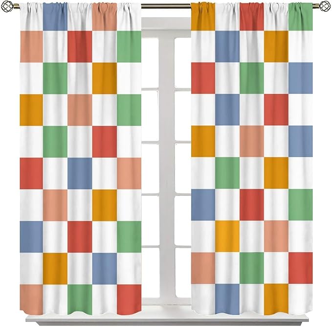 Retro Checkered Curtains,70s Vintage Twisted Checkered Window Drapes Colorful Groovy Trendy Wavy Hippie Grid Print Window Treatments for Kids Girls Bedroom Living Room Bathroom 72" W X 63" L