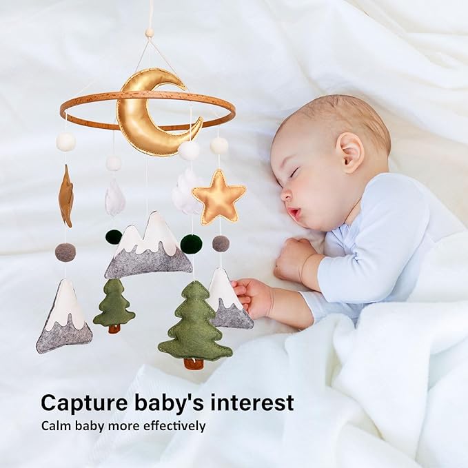 Woodland Baby Crib Mobile, Mountain Mobile for Crib for Boys & Girls, Neutral Nursery Mobile, Baby Shower Gift, with Moon, Trees, Stars & Clouds
