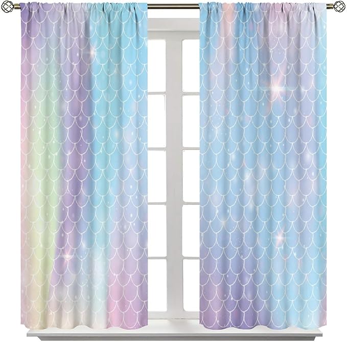 Mermaid Curtains, Kids Cartoon Watercolor Sea Animals Mermaid Princess Scales Pattern Print Living Room Decoration for Kids Girls Bedroom Nursery 42x44 Inch