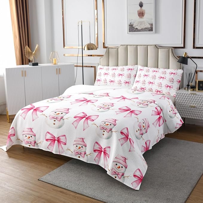 Cartoon Snowman Kids Bedspread Queen Size,Pink Bowknot Bow Tie Princess Toddler Coverlet Set,Girls Women Room Decor,Merry Christmas Xmas Bow Quilted Coverlet,New Year Bedding Quilt,2 Pillowcases