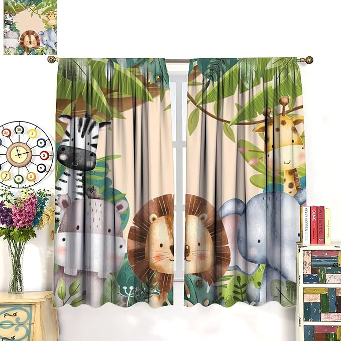 Jungle Animals Curtains Colorful Forest Cartoon Wildlife Lion Giraffe Elephant for Kids Boys Girls Nursery Bedroom Living Room Blackout Rod Pocket Decoration Window Drapes 2 Panels W31.5xL63in