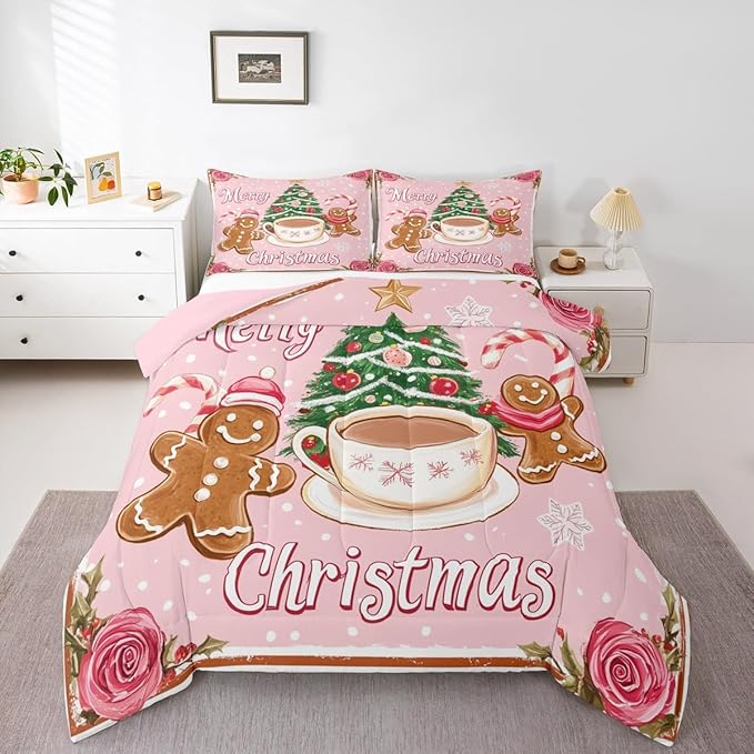 Feelyou Merry Christmas Comforter Set Toddler Size Gingerbread Man Bedding Set for Kids Boys Girls Xmas Duvet Quilt Christmas Decor Bedroom Decor Microfiber 2 Pcs with 1 Pillow Cases