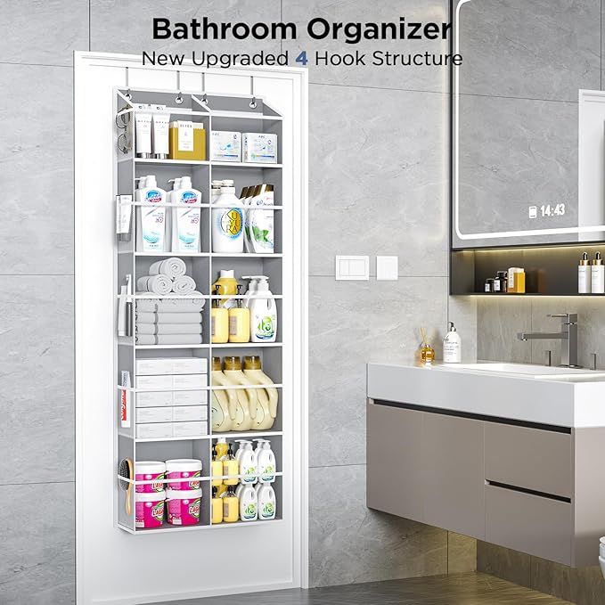5-Tier Over The Door Organizer with 10 Side Mesh Pockets & Clear Windows, 80 lb Weight Capacity Hanging Storage for Bathroom, Bedroom, Nursery, Kitchen, Organizer Toys (Grey Clear wind 2 Pack)