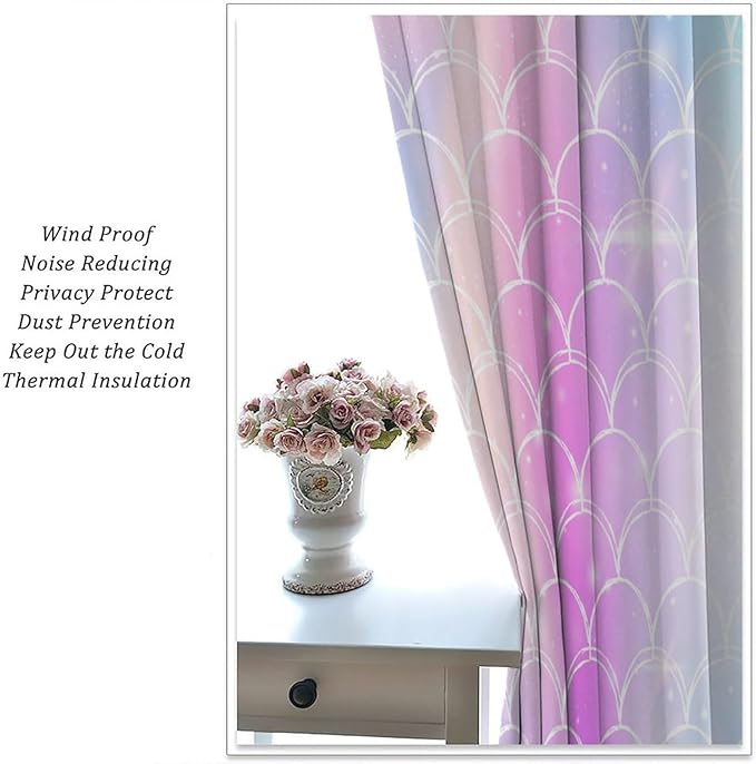 Mermaid Blackout Curtains, Kids Cartoon Blue and Pink Ocean Mermaid Scale Pattern Decoration for Girls Bedroom Nursery Curtains 52x84 Inch