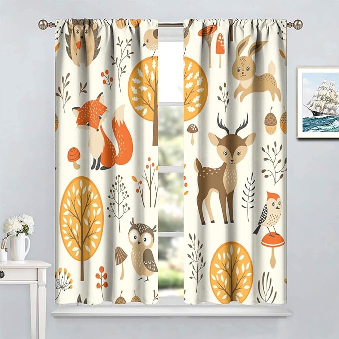 Kids Forest Animal Curtains,Baby Bedroom Window Treatments, Cartoon Watercolor Forest Animal Lion Boys Girls Children Bedroom Drapes 42x63in