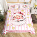 Manfei Cartoon Santa Claus Duvet Cover,New Yrar Decor Golden Snowflake Christmas Theme Bedding Set for Bedroom Decor,Girly Pink Geometric Stripes All Season Bedding (NO Comforter) Queen Size
