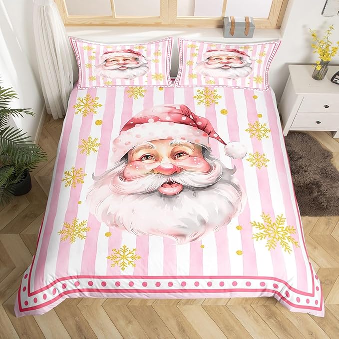 Manfei Cartoon Santa Claus Duvet Cover,New Yrar Decor Golden Snowflake Christmas Theme Bedding Set for Bedroom Decor,Girly Pink Geometric Stripes All Season Bedding (NO Comforter) Queen Size