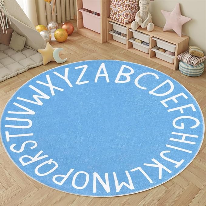 Round ABC Kids Carpet Alphabet Nursery Area Rug Extra Large Soft Crawling Play Mat Suitable for Children's Bedrooms - Non-Slip and Machine Washable-6ft Blue
