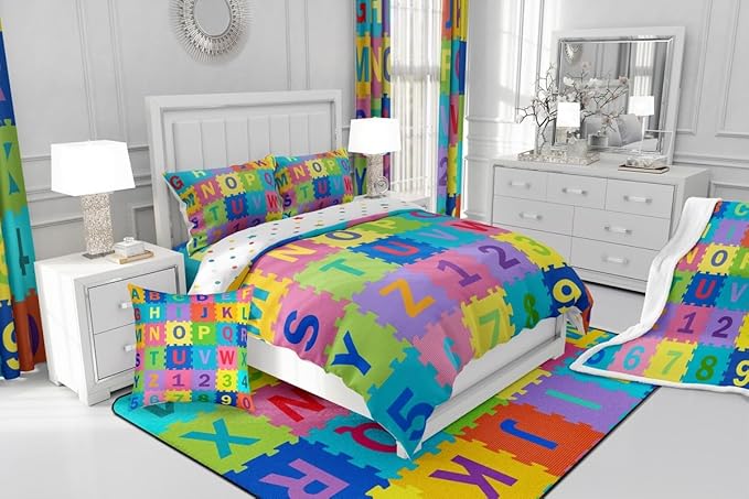 Feelyou Kids Puzzle Alphabet Numbers Comforter Set Full Size ABC Letters Bedding Set for Kids Boys Girls Educational Duvet Quilt English Learning Bedroom Decor Microfiber 3 Pcs with 2 Pillow Cases