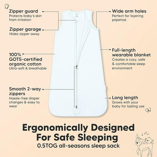 2-Pack Baby Sleep Sacks, Zipper Wearable Blanket - 0.5TOG Organic Cotton, Lightweight, Soft Cozy Infant Sleeping Sack 3-6 months, Easy to Wear Small Newborn Transition Swaddles Sleepsacks (Glacier)