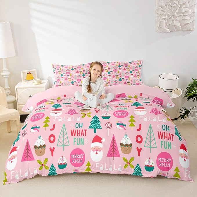 Feelyou Christmas Kids Bedding Set Cartoon Santa Claus Duvet Cover for Boys Children Teens Bedroom Decor Christmas Tree Comforter Cover Set Xmas Theme Bedspread Cover Twin Size with 1 Pillow Case