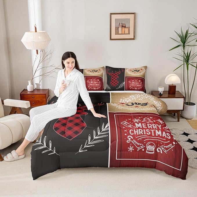 Deer Antler Kids Christmas Comforter Set Queen Size,Elk Plam Leaves Bedding,Girls Boys Adults Bedroom/Xmas Cabin Decor,Plank Lattice Vintage Down Comforter,Rustic Farmhouse Duvet Insert,2 Pillowcases