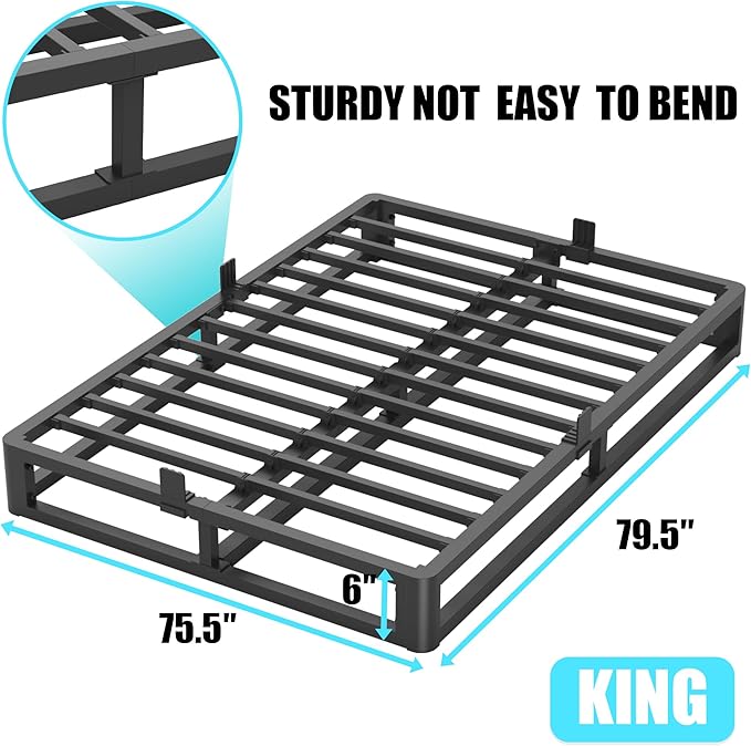 6 Inch King Bed Frame with Round Corner Edges, Low Profile King Metal Platform Bed Frame with Steel Slat Support, No Box Spring Needed/Easy Assembly/Noise Free Mattress Foundation