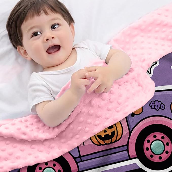 Personalized Halloween Blanket for Baby Girls, Custom Baby Blanket with Name, Ghost Truck Pattern Soft Minky Dot Blanket, Halloween Decor Christmas Birthday Gifts for Kids Toddlers
