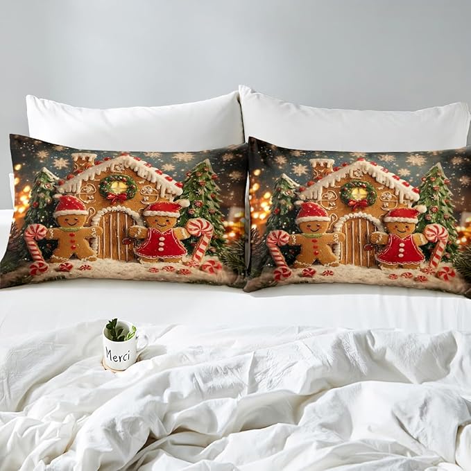 Feelyou Cute Gingerbread Man Duvet Cover Toddler Size Cartoon Christmas Bedding Set for Boys Girls New Year Holiday Comforter Cover Reversible Xmas Decor Bedroom Decor 2Pcs