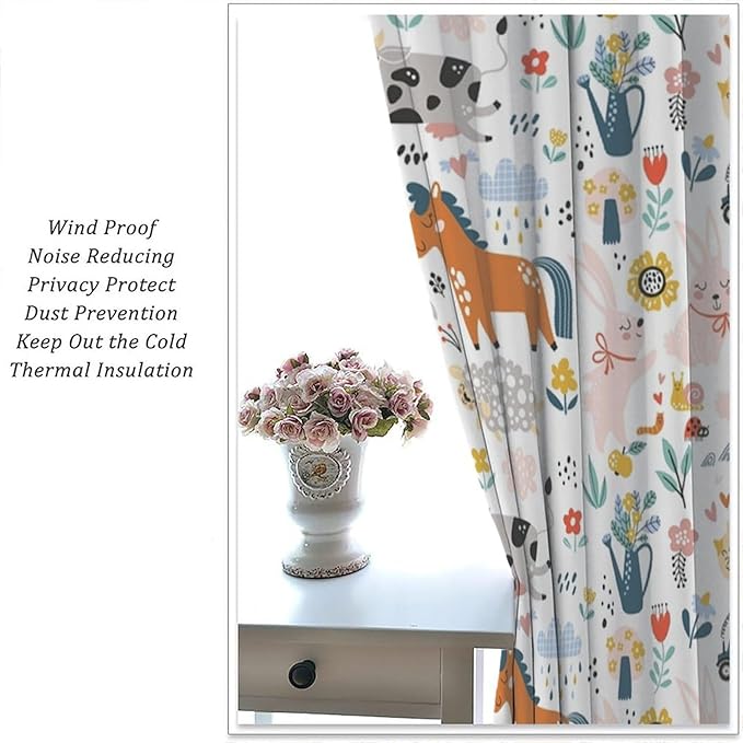 Farm Animal Curtains for Kids, Cartoon Cute Wild Animal Window Treatments Woodland Farmhouse Cow Horse Pig Window Drapes for Girls Boys Nursery Toddler Bedroom 55x63in