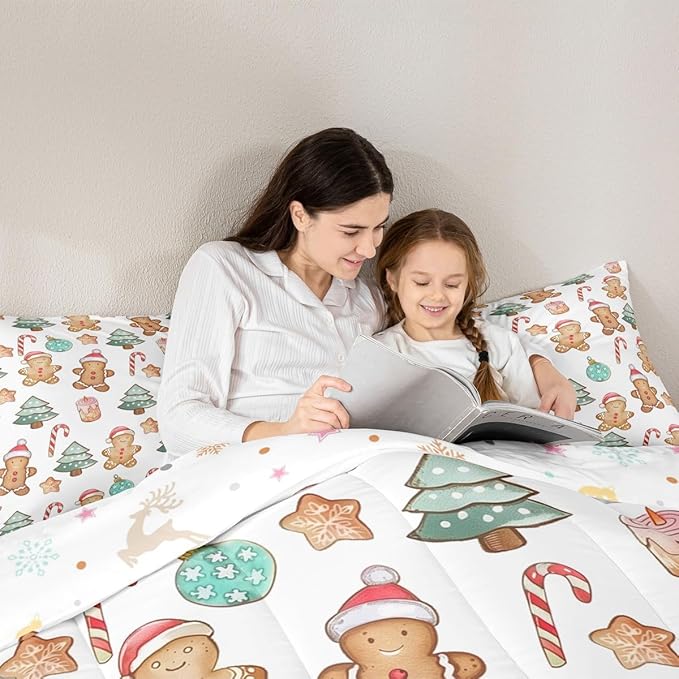 Feelyou Pink Gingerbread Comforter Set Queen Size Christmas Bedding Set for Kids Boys Girls Candy Cane Duvet Quilt Xmas Bedroom Decor Microfiber 3 Pcs with 2 Pillow Cases