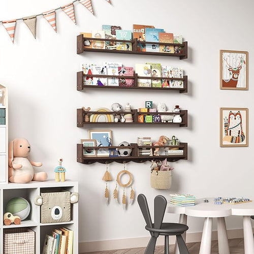 34Inch Nursery Bookshelves,Set of 4,Wall Floating Shelf Kids Coat Rack with 6Hooks,Hanging Book Shelf for Baby Nursery Room Décor (Dark Brown, 34)