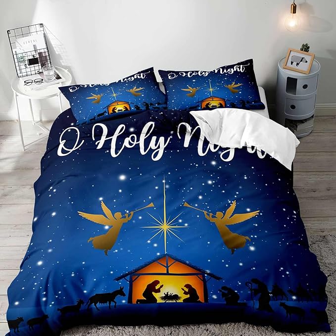 LUVIVIHOME 3PCS Christmas Duvet Cover Queen Bedding Sets, Navy Blue Duvet Cover, Galaxy Oh Holy Night Nativity Scene Angel Winter Holiday Xmas Christmas Comforter Cover, Bed in a Bag, 2 Pillow Cases