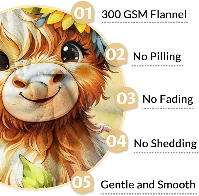 Highland Cow Blanket for Kids - 30" x 40" Inches Cute Farm Animal Throw Blanket Gifts - Yellow Lightweight Cozy Blankets for Sofa, Lap & Office