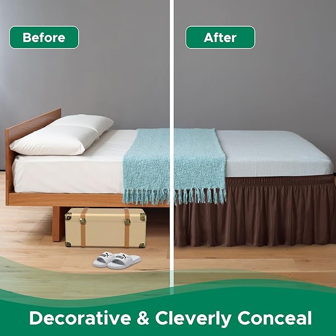 Biscaynebay Wrap Around Bed Skirts for Twin & Twin XL Beds Short Drop of 12", Brown Adjustable Elastic Dust Ruffles Easy Fit Wrinkle Resistant Silky Luxurious Fabric Machine Washable
