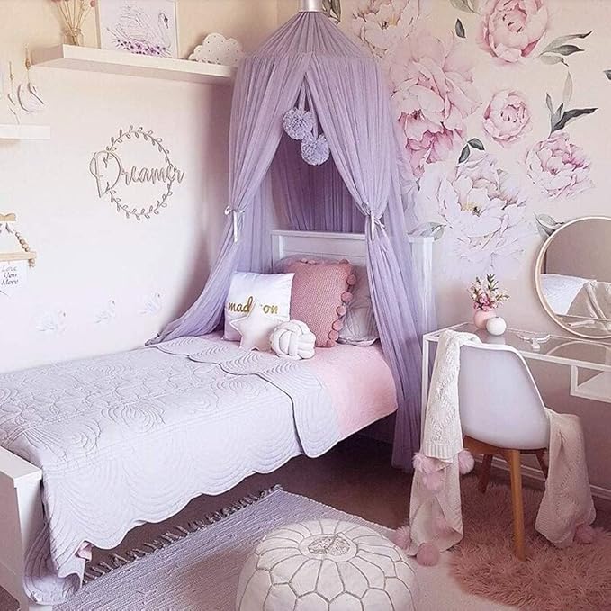 Princess Bed Canopy for Girls and Kids Hanging Mosquito Net for Baby Crib Nook Castle Game Tent Nursery Play Room Decor(Purple)