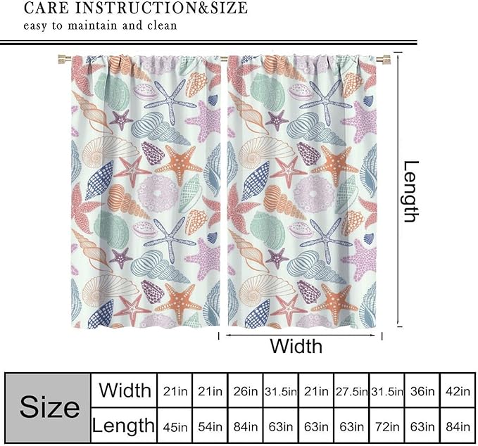 Coastal Nautical Curtains,Colorful Starfish Seashell Beach Sea Starfish Seashell Theme Pattern Blackout Print Home Bedroom Living Room Window Treatmen 2 Panel Set 52x84 Inch