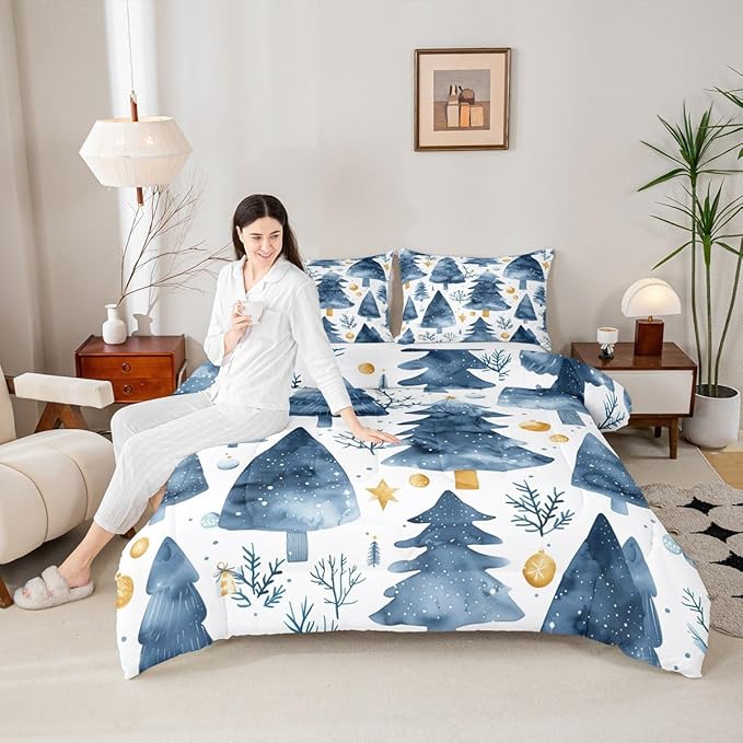 Feelyou Christmas Comforter Set All Season Xmas Tree Bedding Set with 1 Pillow Cases Watercolor Blue Microfiber Kids Toddler Bedclothes Snowflake Bedroom Decor Duvet Quilt Breathable Soft Lightweight