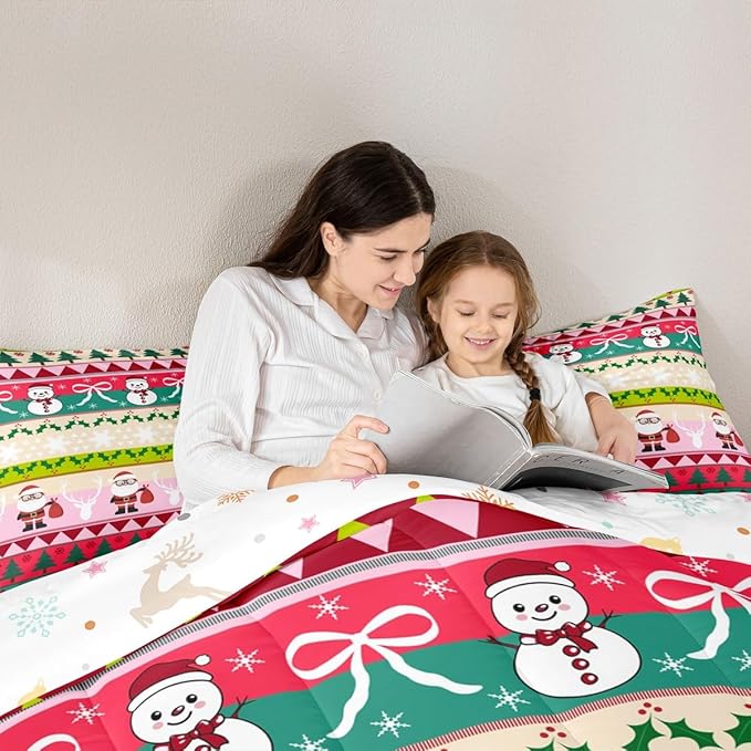 Feelyou Merry Christmas Tree Bedding Set Soft for Boys Girls, Cute Snowman Comforter Set Full Size Santa Claus Duvet Quilt Microfiber Cartoon Bowknot Bedroom Decor 3 Pcs with 2 Pillow Cases