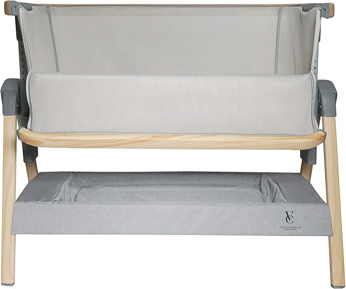 Venice Child California Dreaming Bedside Crib Bassinet w/Travel Case, Bamboo Bassinet Sheet, Removable Bamboo Compressed Cotton Mattress, Height Adjustable, Easy Clean - Grey