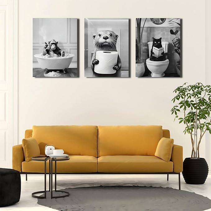 Framed Black and White Bathroom Wall Decor, Funny Animals Canvas Wall Art, Cute Otter Holding A Roll of Toilet Paper, Chimpanzee in Bathtub and Cat Reading Newspaper on the Toilet Pictures 16'' x 12''