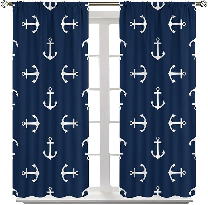 Nautical Curtains,MarineThemed Oceanic Anchor Pattern Blackout Print Home Bedroom Living Room Window Treatments 2 Panel Set 55x63 Inch