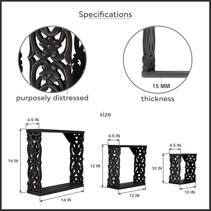 JFY Designs Marina Carved Floating Wall Shelves for Bedroom, Living Room, Bathroom & Kitchen | Wall Mount Display Wall Shelf | Cube Storage – Wood Set of 3 14"x14", 12"x12", 10"x10" | Black