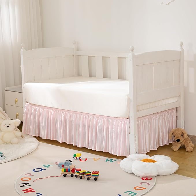 Blush Pink Satin Crib Bed Skirt, 52" x 28" with 14" Drop Silky Soft Baby Crib Skirt for Baby Girls or Boys, Fit for Standard Crib & Toddler Bedding