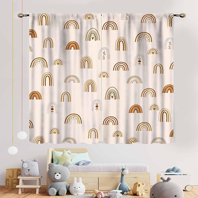 Rainbow Curtains, Boho Pastel Cute Cartoon Aesthetic Art Printed Beige Blackout Decorative Drapery for Kids Girls Baby Bedroom Living Room Classroom Nusery Bathroom Windows 2 Panels, 63"x63" Inch
