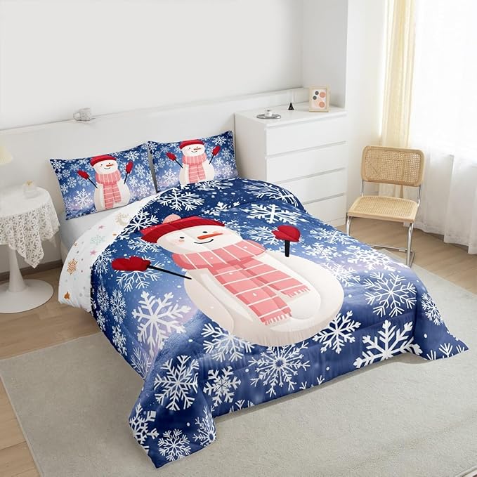 Feelyou Christmas Kids Comforter Set Twin Size Snowman Purple Blue Gradient Bedding Set Xmas Snowflakes Duvet Quilt for Kids Boys Girls Bedroom Winter Snow Decor Microfiber Ultra Soft Breathable