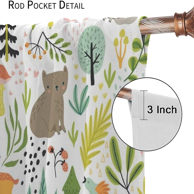 Cartoon Forest Kids Blackout Curtains,Cute Woodland Wild Animals Colorful Deer Plants Trees Print Pattern Thermal Insulation Window Drapes for Nursery Boys Girls Bedroom,White Background 52x84in