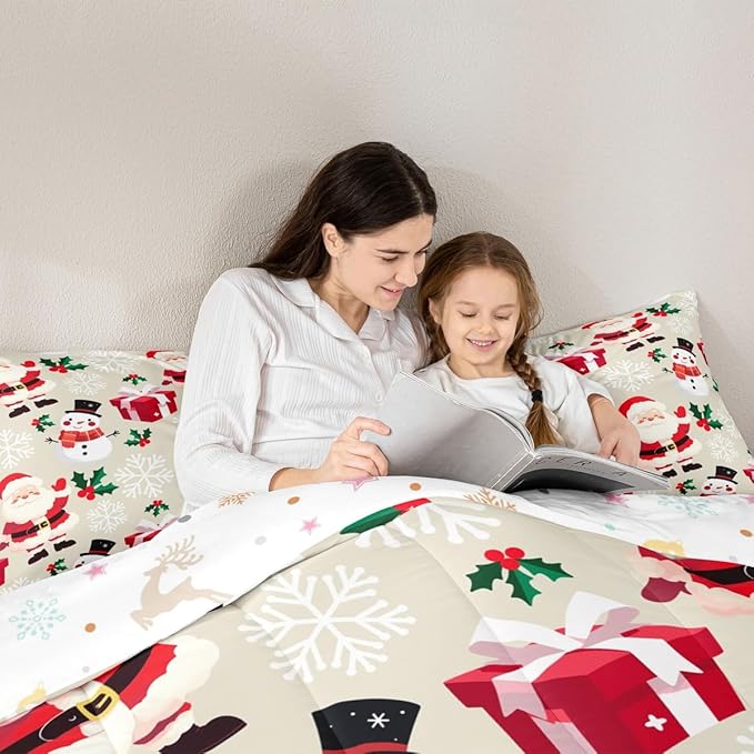 jejeloiu Merry Christmas Comforter Set Full Size Xmas Santa Claus Bedding Set for Kids Boys Girls Cute Snowman Duvet Quilt Beige Bedroom Decor