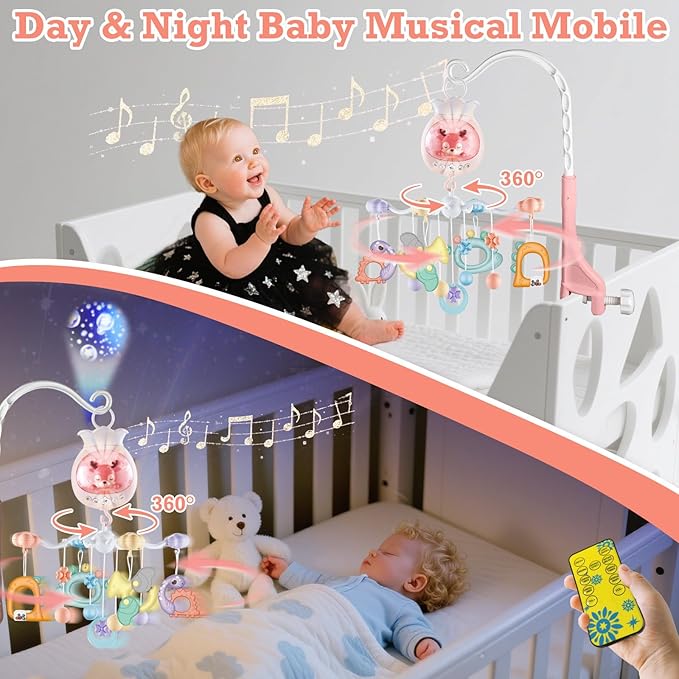Crib Mobiles for Babies with Music, Rotatable Baby Mobile for Crib with Projection, Timing Function and Baby Rattles Toy, Baby Crib Toys Hanging for Boys Girls 0-12 Months (Pink)